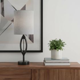 28" Black Solid Wood Round Table Lamp With Gray Drum Shade