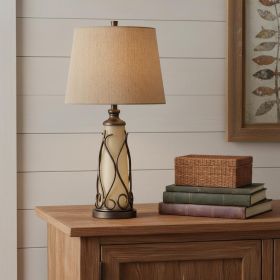 30" Brown Metal Two Light Table Lamp With Brown Empire Shade