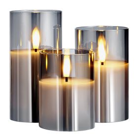 Gray Flickering Flameless Candles, Set of 3 Battery Operated Flameless Led Candles with 10-Key Remote and Timer