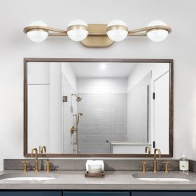 28" Golden Minimalist LED Bathroom Vanity Light with Crystal Sand Acrylic Shades, 4-Light Wall Mounted Decorative Lighting Fixture
