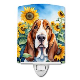 NEW Basset Hound in Sunflowers Ceramic Night Light Compact, UL-Certified, Ideal for Bedroom, Bathroom, Nursery, Hallway, Kitchen, 6x4x3, Multicol