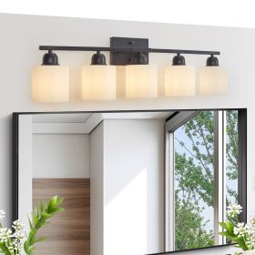 Black Bathroom Light Fixtures, 5-Light Modern Vanity Light Over Mirror, Wall Sconces with Milky White Frosted Glass Shades