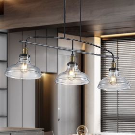 45" Industrial 3-Light Pendant Chandelier with Clear Glass Shades, Black Metal Frame, Adjustable Height, Modern Farmhouse Lighting for Kitchen Island