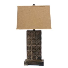30" Distressed Bronze Metal Bedside Lamp With Khaki Shade