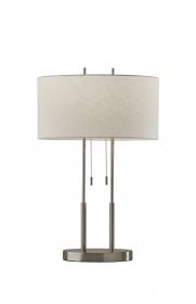 27" Silver Metal Two Light Bedside Lamp With Off White Drum Shade