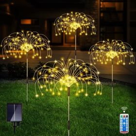 Outdoor Solar Garden Lights;  4 Pack 120 LED Copper Wire Waterproof Solar Garden Fireworks Lamp with Remote;  8 Modes Decorative Sparkles Stake L (Color: Warm White)