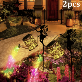 Outdoor Solar Watering Can with Lights Garden Decor Large Solar Powered Lanterns Hanging Waterproof LED Decorative Retro Metal Kettle String Ligh (Color: RGB 2 PCS)