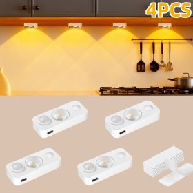 4PCS LED motion-sensing bulb, rechargeable cabinet light, stick-on wireless LED night light, under drawers, shelves, and cabinets, warm white (Color: 4PCS-white)